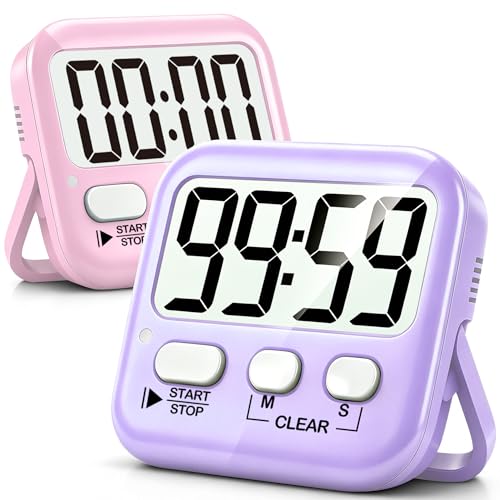 2 Pack Digital Timer for Kids Classroom Kitchen Timers for Cooking | w/ Battery, Easy to View, Alarm, Mute Mode, Count Down/Up, Magnetic, Kickstand, Hanging, Classroom Timer for Teacher Supplies - color: 2 * Pink + Purple