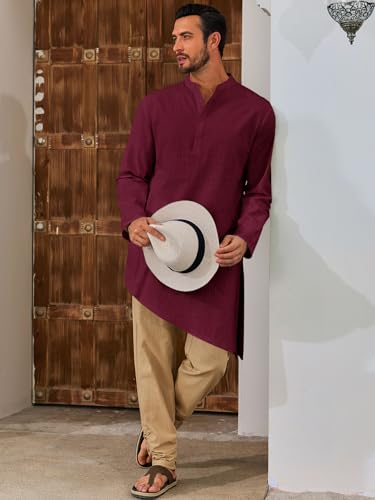 Runcati Mens Kaftan Robe Thobe Cotton Long Sleeve Henley Shirt Casual Muslim Gown Kurta Tops - color: Burgundy, size: Medium