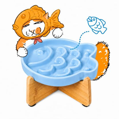 Elevated Slow Feeder Cat Bowl with Stand, 6.3''Ceramic Fish Maze Cat Food Bowl, Raised Whisker Friendly Wide Shallow Cat Dish for Wet & Dry Food, Non Slip Puzzle Feeder for Cats & Small Dogs (Blue) - color: Blue with Stand
