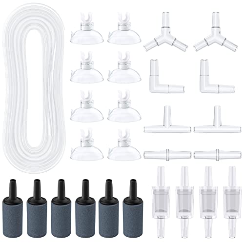 Pawfly Aquarium 25 Feet Airline Tubing Standard Air Pump Accessories Set with Air Stone Cylinders Connectors Suction Cups and Check Valves for Fish Tank Aeration Setup
