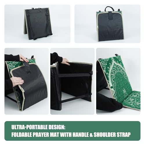 Foldable Thick Prayer Rug with Back Support, Portable Prayer Mat Set Green | 36x78cm Islamic Prayer Mat, Includes Kufi Hat & 99 Beads Tasbih, Meditation Rug for Muslim, Ramadan Gift Set - color: Green