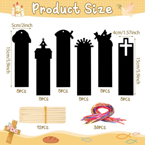 JUNEBRUSHS 30Pcs Religious Crafts for Kids, Easter Rainbow Color Scratch Art Bookmarks Resurrection Cross Religious Gifts for Kids Sunday School Church Bible Crafts Kits - style: Religious Style