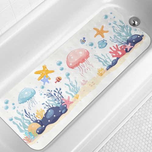 LNOND Bath Mat for Tub for Kids, Sea World Bathtub mat Non Slip, Jellyfish Starfish Coral Bath Mats for Bathroom Non Slip with Drain Holes and Suction Cups,Machine Washable (40 X 16 Inch) - color: Jellyfish Starfish Coral