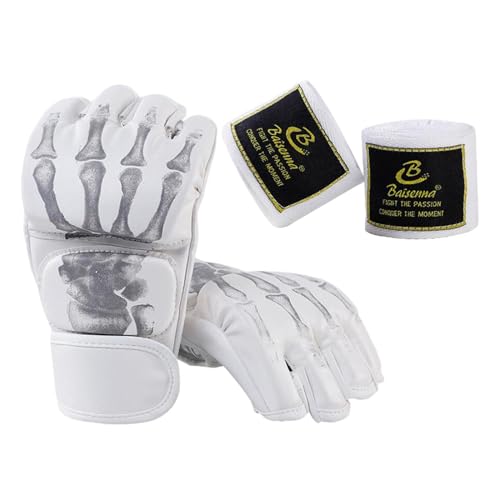 Boxing Gloves Gear Open Palm MMA Half Mitts Lightweight Breathable PU Leather Shock Pad Half Finger Suitable for Adults Men Women Fitness M, White Skeleton