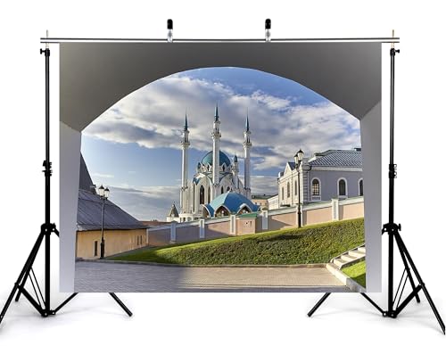 15x8ft Blue Dome Mosque Viewed Through Stone Arch Backdrop Islamic Architecture Photography Background Tapestry Party for Travel Events Home Wall Decorations Banner Photo Booth Props - size: 15x8ft