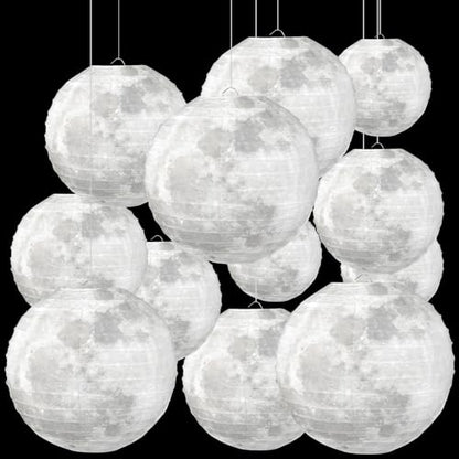 Baquler 12 Pcs 12" Back to School Moon Lanterns Classroom Ceiling Hanging Decoration Space Moon Party Birthday Decorations Decorative Grey Hanging Ball Paper Lanterns for Room Classroom Party