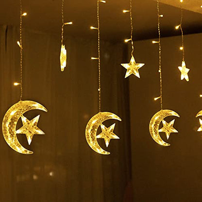 Curtain String Light LED Icicle Light Transparent Strand 8 Modes Waterproof Indoor Outdoor Home Decorative Lights Crescents and Stars (Moon&Star)