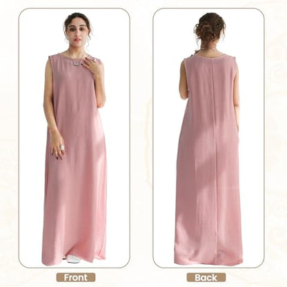 2PCS Women Muslim Abaya Dress Stand Collar Full Coverage Cardigan Dress Set - color: Pink, size: X-Large