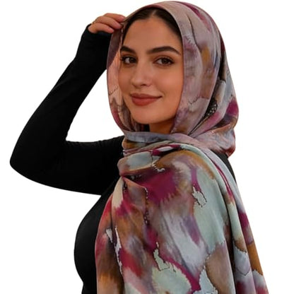 Hijab Scarf for Women Fashion Printed Modal Hijab Head Wrap Scarves Lightweight Long Scarf Shawls - color: Watercolor a