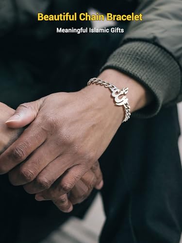 PROSTEEL Allah Bracelet, Muslim Islamic Jewelry Religious Islam Arabic God Charm Stainless Steel Beads Chain Bracelet, fits wrist from 5.9'' to 7.9'', Come with Box - color: 02 silver-cuban chain
