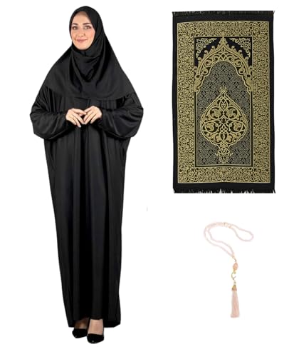Prien Women Prayer Dress With Hijab Rug Tasbih Muslim Set Islamic Clothes Abaya Jilbab Dubai Kaftan For Eid Ramadan - color: Black