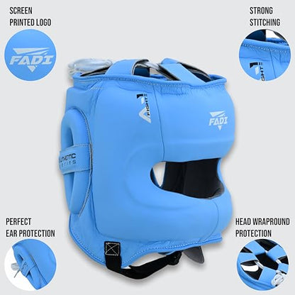 A1 Boxing Sparring Headgear – Face Saver Head Guard with Nose Protection, Cowhide Leather Boxing Headgear for MMA, Muay Thai & Kickboxing Training - color: Blue, size: Large-X-Large
