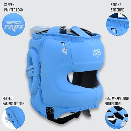A1 Boxing Sparring Headgear – Face Saver Head Guard with Nose Protection, Cowhide Leather Boxing Headgear for MMA, Muay Thai & Kickboxing Training - color: Blue, size: Small-Medium
