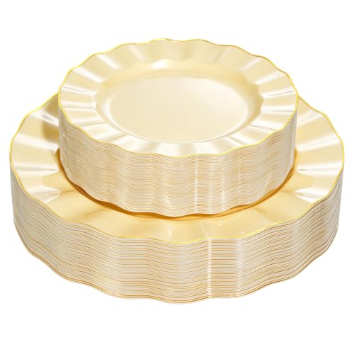 72PCS Yellow Plastic Plates, Wavy Plates with Gold Rim - color: Yellow, size: 72PCS