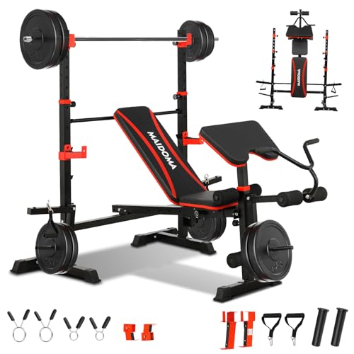 MAIDOMA Foldable 1500LBS Capacity 8 IN 1 Weight Bench Set with Leg Extension/Squat Rack/Preacher Curl, Adjustable Bench Press for Home Gym Full Body Workout (US Stock) - color: 블랙 레드.
