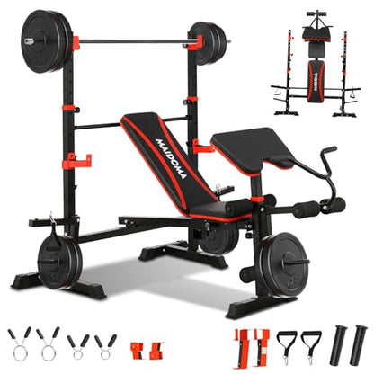 MAIDOMA Foldable 1500LBS Capacity 8 IN 1 Weight Bench Set with Leg Extension/Squat Rack/Preacher Curl, Adjustable Bench Press for Home Gym Full Body Workout (US Stock) - color: 블랙 레드.