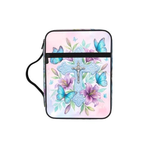 Cross Flower Butterfly Bible Cover Case with Handle and Zippered Pocket - color: Cross Flower Butterfly