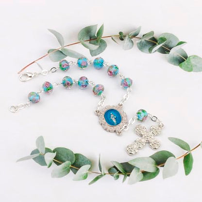 8mm Murano Rose Beads Catholic Virgin Mary Car Rosary for Rearview Mirror with Gift Box - color: Lake Blue