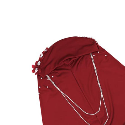 RARITYUS Women Bling Rhinestone Pearl Instant Scarf Muslim Hijab Fashion Shawl Head Wrap Turban Cap with Flower Accent - color: Red