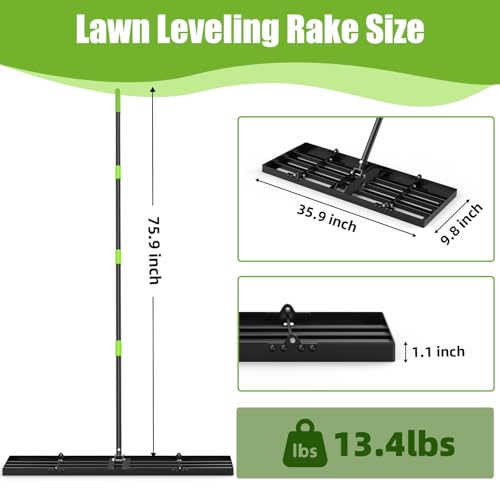 GARDTECH 36×10 Anti-Flip Lawn Leveling Rake,76” Adjustable Handle | Heavy Duty Stainless Steel,2mm Plate, for Topdressing, Sandbox, Garden Beds, Lawn Repair,Dog Spots - size: 36''x10''