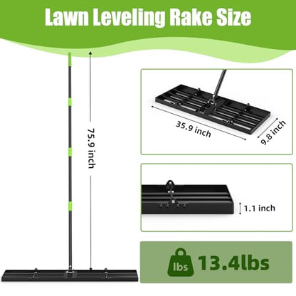 GARDTECH 36×10 Anti-Flip Lawn Leveling Rake,76” Adjustable Handle | Heavy Duty Stainless Steel,2mm Plate, for Topdressing, Sandbox, Garden Beds, Lawn Repair,Dog Spots - size: 36''x10''
