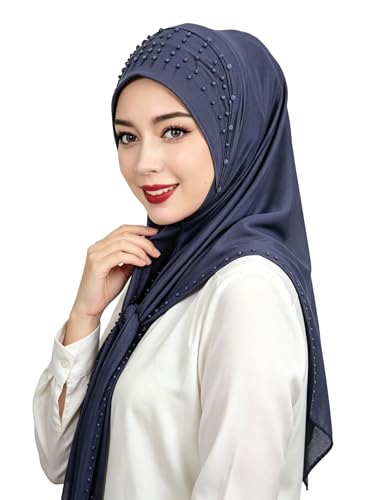 Suillty Women's Pearls Muslim Islam Instant Hijab Scarf Soft Turkish Headwear Jersey Headscarf Shawl Wrap - color: Light Purple