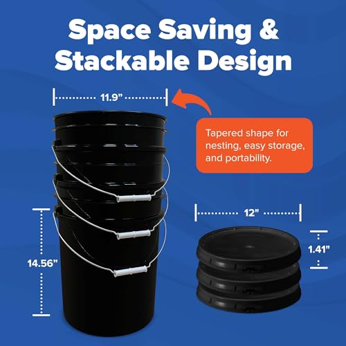 5 Gallon Bucket w/Lid, Food Grade BPA-Free, 6 Pack, Black | Airtight Lid, Mallet and Lid Opener Included, Heavy-Duty 90 Mil HDPE Plastic, Food-Safe Durable Container, Made in USA - color: Black, size: 6 Packs