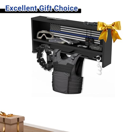 Neoaider Police Gear Rack, Police Hanger with Hooks | Tactical Duty Gear Rack Decor with Thin Blue Line Flag, Black Body Armor Stand for Police Gift - size: Wall Mounted Police Gear Rack