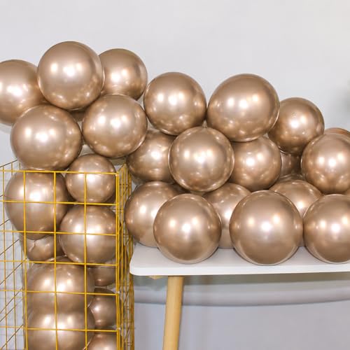 Champagne Gold 12 Inch 100 Pcs Latex Metallic Chrome Balloons Helium Shiny Thicken Balloons Party Decorations (Champagne Gold) - color: Champagne Gold