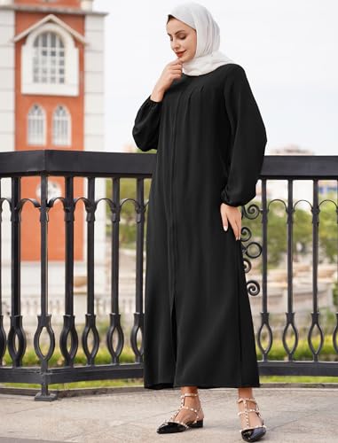 AWIBMK Women Abaya Dubai Stand Collar Zip Up Prayer Dress with Pockets Muslim Arabian Robe Modest Islamic Clothing - color: Black, size: Small