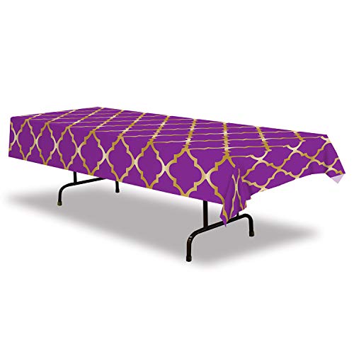 Beistle Lattice Tablecovers, 2-Pack Purple and Gold Moroccan Rectangular Plastic Table Cover for Easter Arabian Nights Ramadan Party Decorations Banquet Buffet Dining, 54” x 108” - style: Lattice Tablecover - 2 pack