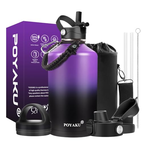 Water Bottle Insulated 32oz 40oz 64oz 128oz Straw Lid Spout Lid & 3 Lids, Leak Proof, Vacuum Insulated,Stainless Steel Water Bottle Wide Mouth for Sports, Gym or Office - color: Purple Black, size: 64 Ounces