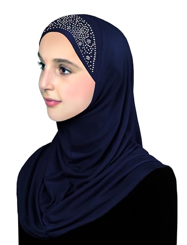 Aiyah Hijab for Girl's 1 piece Elastane-Spandex Amira Head Scarf with Rhinestones Easy Pull-on Headscarf - color: Large - Navy Blue, size: Large