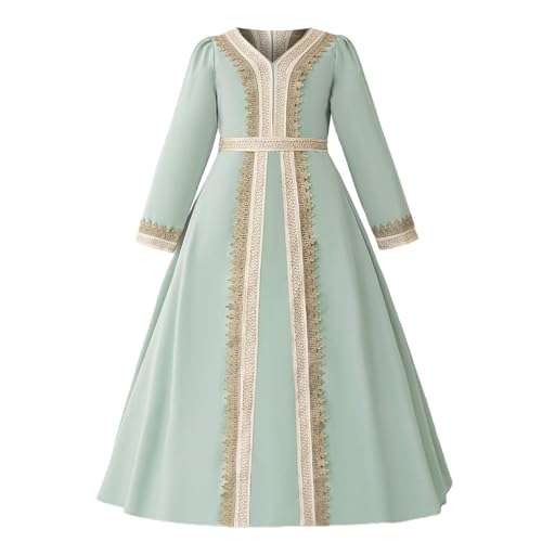 Toddler Girls Muslim Abaya Dress Islamic Dubai Modest Lace Belted Dress Abayas Kaftan Eid Prayer Clothes Arabian Maxi Robe - color: Light Green-a, size: 3-4T