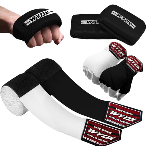 WYOX Boxing Hand Wraps & Gel Knuckle Guards Set for MMA, Muay Thai & Kickboxing - 2 Pair Hand Wraps + 1 Pair Knuckle Guards - Hand Wrist Protection for Men & Women Training - color: White/Black