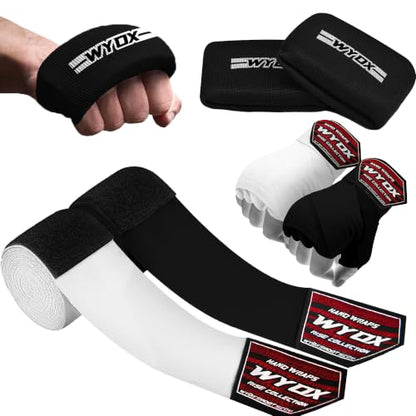 WYOX Boxing Hand Wraps & Gel Knuckle Guards Set for MMA, Muay Thai & Kickboxing - 2 Pair Hand Wraps + 1 Pair Knuckle Guards - Hand Wrist Protection for Men & Women Training - color: White/Black