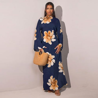 FYMNSI Womens Muslim Dresses Bell Sleeve Floral Butterfly Abaya Modest Dubai Kaftan Islamic Dress Eid Ramadan Prayer Clothes - color: Dark Blue, size: Small