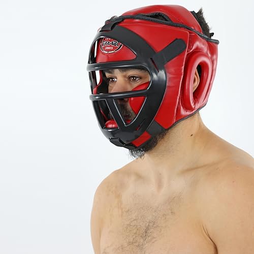 Farabi Sports Boxing Headgear Grill Head Gear MMA Training Kickboxing Sparring Gear Removable Front Bar Grill - color: Red, size: Large