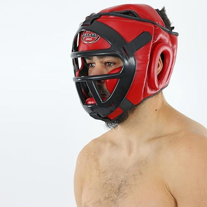 Farabi Sports Boxing Headgear Grill Head Gear MMA Training Kickboxing Sparring Gear Removable Front Bar Grill - color: Red, size: Medium