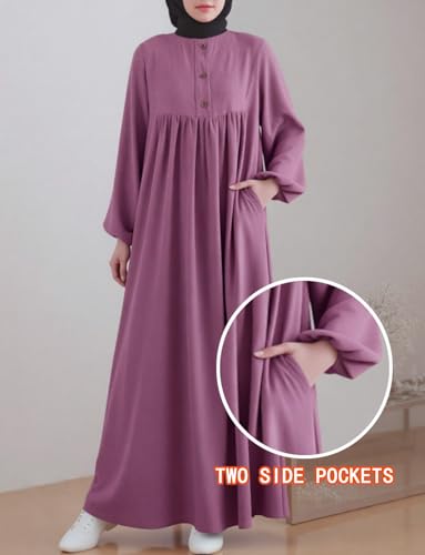 Womens Abaya Muslim Prayer 2 Pockets Long Sleeve Front Button Maxi Dresses Casual Islamic Clothes - color: Mauve, size: X-Large