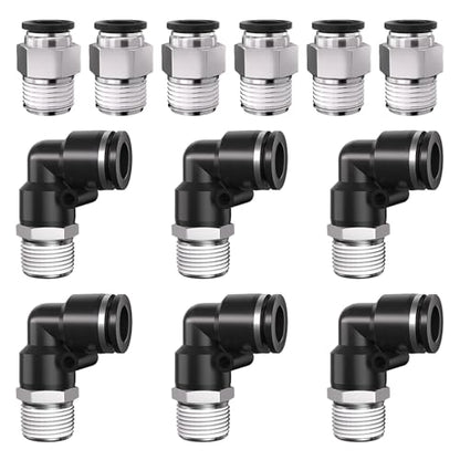 3/8 Push to Connect Fittings npt Thread to 3/8 Air Line quick | Pneumatic Tubing Hose 3/8 OD Tube to 3/8 npt, Male Elbow 90 Degree Straight Coupler - size: 3/8"OD x 3/8"NPT