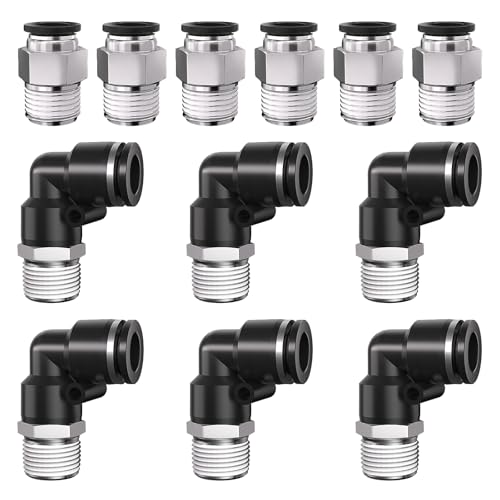 3/8 Push to Connect Fittings npt Thread to 3/8 Air Line quick | Pneumatic Tubing Hose 3/8 OD Tube to 3/8 npt, Male Elbow 90 Degree Straight Coupler - size: 3/8"OD x 3/8"NPT