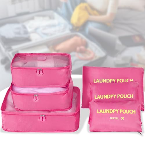 6 Set Travel Packing Cubes Lightweight Nylon Suitcase Luggage Organizer Bags Machine Washable Travel Clothes Packing Bag (Rose Red) - color: Rose Red 6 Set