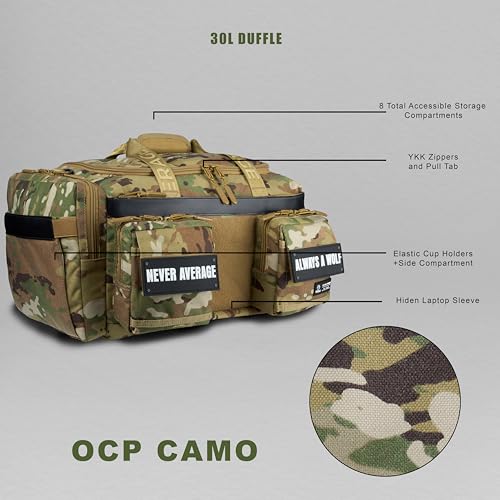 WOLFpak 30L Perfect Duffle Bag (OCP Camo) Tactical Gym Bag Hardshell Base 1000D Waterproof Travel Carry On with Shoe Compartment, Dual Cup Holders, Laptop Sleeve & Molle Straps - color: OCP Camo
