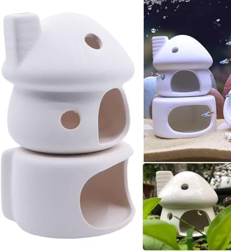 RUIAN Aquarium Mushroom House Decorations with Betta Fish Cave, Ceramic Cichlid Caves for Aquarium, Fish Tank Decoration, Syrian Hamster (White) - color: Mushroom+base(white)