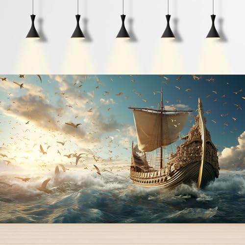 Sailing Ship Aquarium Background Splendid Surfy Ocean Flying Seagulls Fish Tank Background Majestic Golden Pirate Ship Terrarium Backgrounds Deep Seascape Blue Sky Reptile Tank Backgrounds 24x16in - color: Dark Blue, size: 24(W)x16(H)in