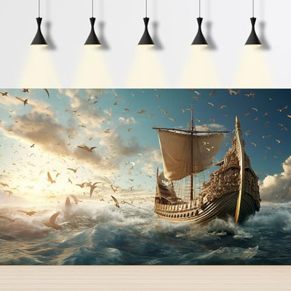 Sailing Ship Aquarium Background Splendid Surfy Ocean Flying Seagulls Fish Tank Background Majestic Golden Pirate Ship Terrarium Backgrounds Deep Seascape Blue Sky Reptile Tank Backgrounds 24x16in - color: Dark Blue, size: 24(W)x16(H)in
