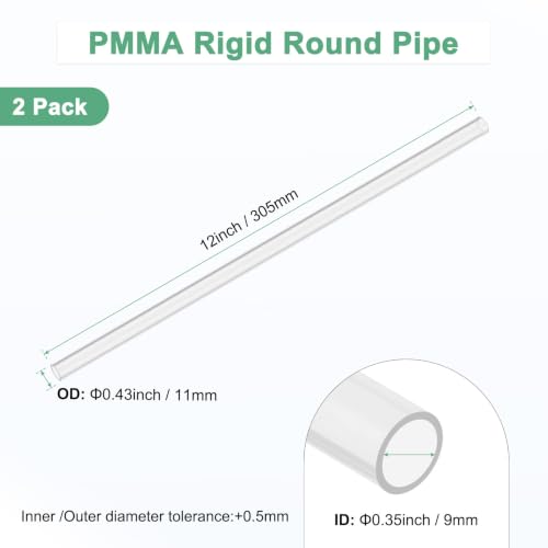 M METERXITY 2-Pack Clear Rigid Acrylic Pipe, 9mm[0.35"] ID x 11mm[0.43"] OD Plastic Round Tube for Water Cooling System/Lamps/Fountains/Aquariums/Display Stand, Acrylic Tubing [305mm/12IN] - size: 9mm ID x 11mm OD