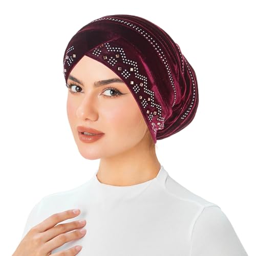 Rhinestone Hijab Turban Hats for Women Beanies Bandana Headwrap Cap Beanies Headwear Headscarf Undercap Turban Hat - color: Wine
