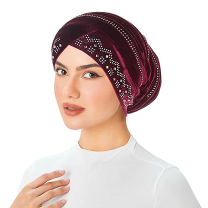 Rhinestone Hijab Turban Hats for Women Beanies Bandana Headwrap Cap Beanies Headwear Headscarf Undercap Turban Hat - color: Wine